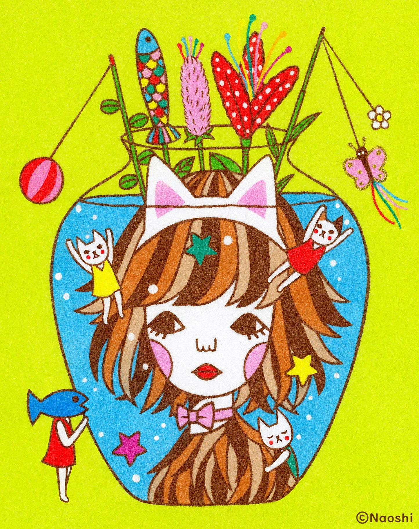 Naoshi: Vase Cat Toy Flowers Art Print